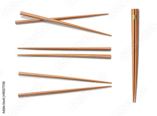 Wooden Chopsticks. Set Accessories for Sushi Isolated on White Background. Asian Food Chopsticks. photo