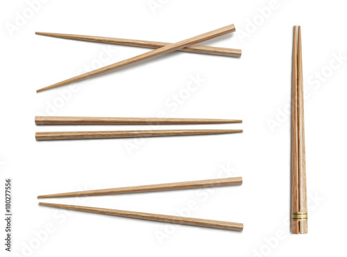 Wooden Chopsticks. Set Accessories for Sushi Isolated on White Background. Asian Food Chopsticks.