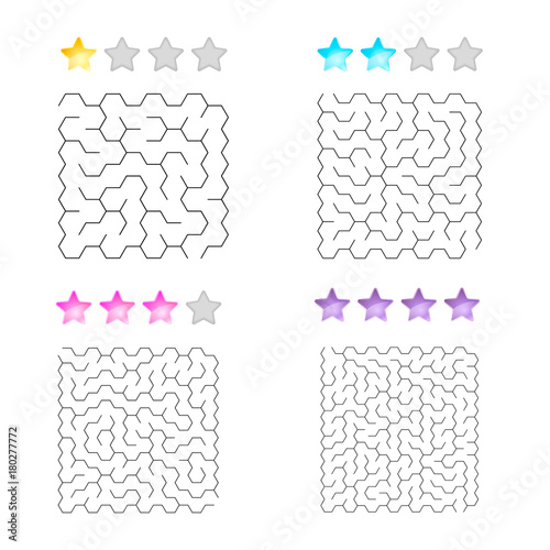 vector illustration of set of 4 mazes of hexagons for kids at different levels of complexity