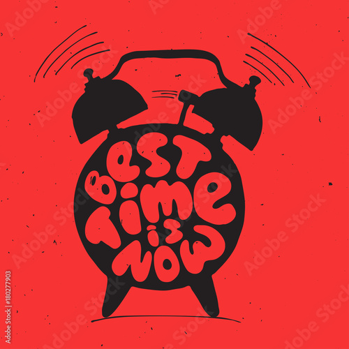 ringing alarm clock with light texture and lettering about best time is now. Time vector Concept illustration. Present moment concept letters with alarm.