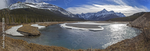 Panoramic Landscape View of Howse River and Distant Snowy Mountains near Icefields Parkway between Banff and Jasper National Park Rocky Mountains Alberta Canada photo