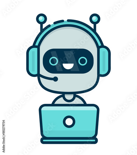 Cute smiling chat bot working in headphones