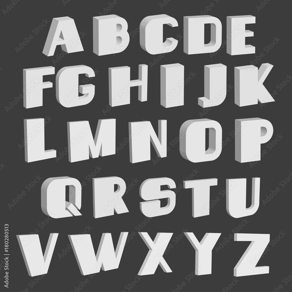 3D font, white letters set standing, vector background 3D font, white letters set standing, vector background