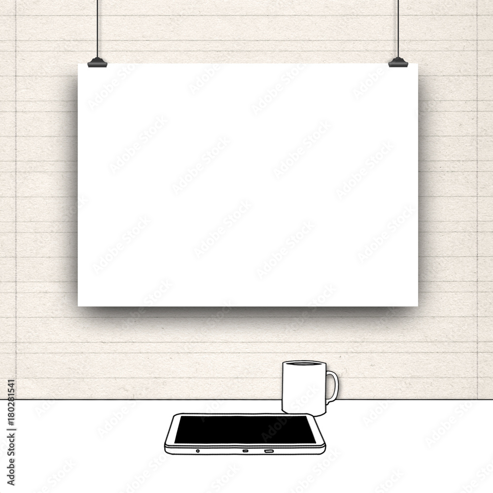 Blank poster frame on striped old paper background with sketch drawing of  tablet and mug Stock-Illustration | Adobe Stock