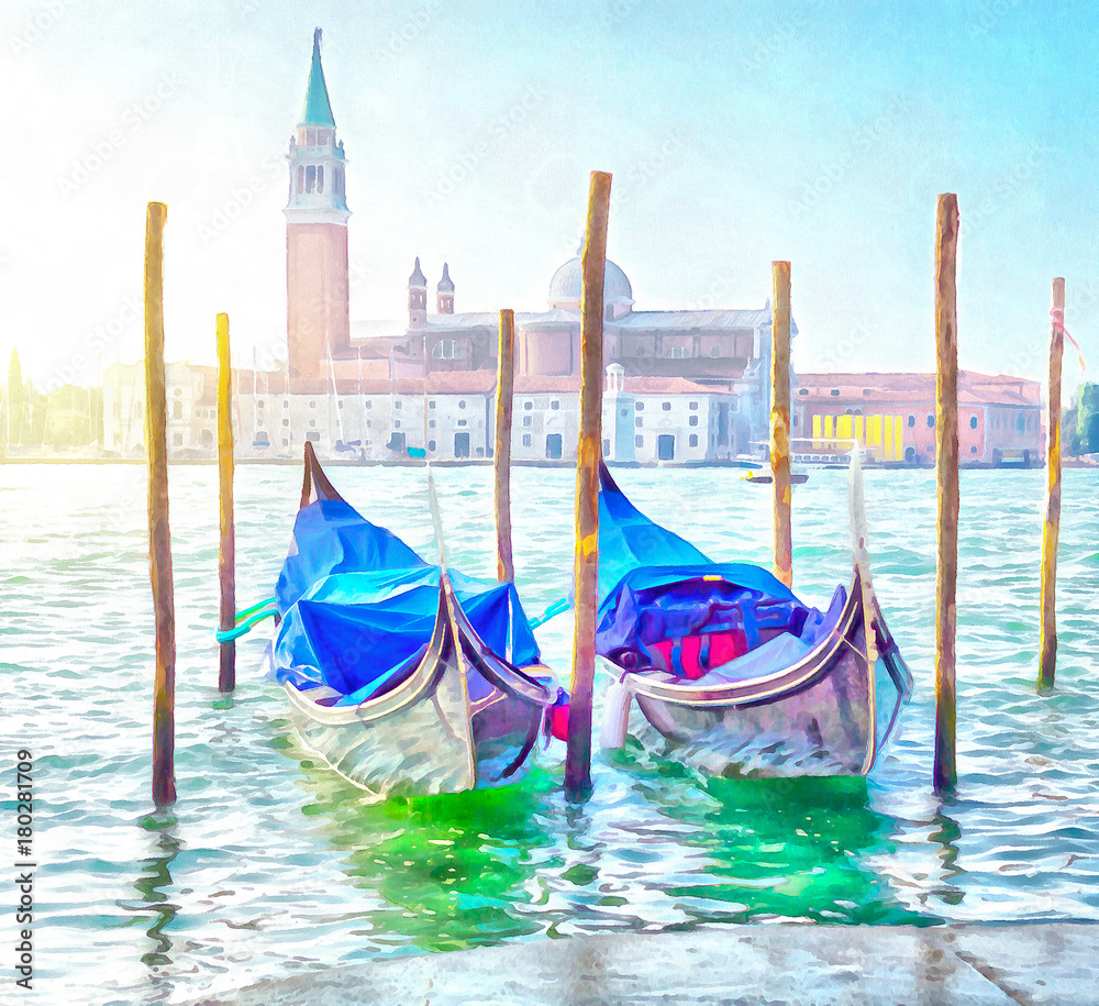 Two gondolas docked on Piazza San Marco Venice, digital generated painting