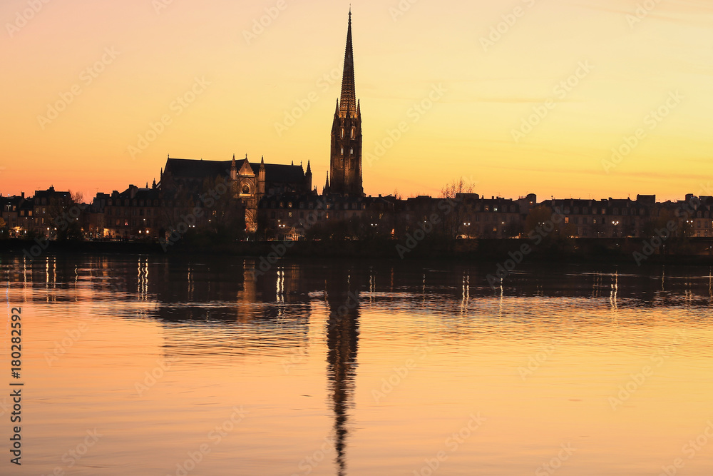 Sunset at St. Michael church with it's reflection at Bordeaux, France