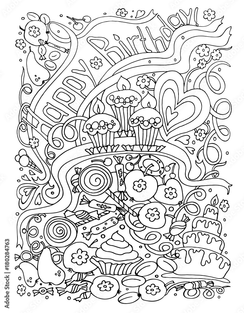 Background birthday. Black and white doodle vector illustration. Coloring book for adult and older children. Coloring page. Outline drawing.