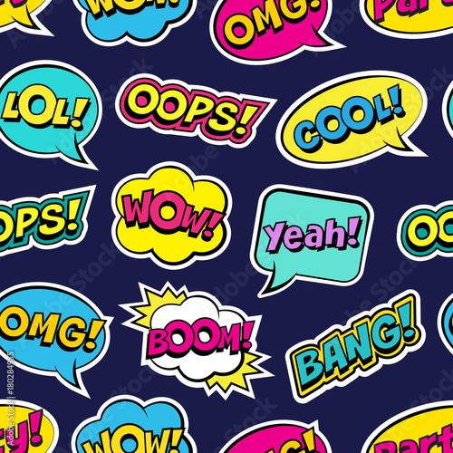 Seamless colorful pattern with comic speech bubbles patches on dark blue background. Expressions OOPS, COOL, YEAH, BOOM, WOW, OMG, BANG. Vector illustration of modern vintage stickers, pop art style