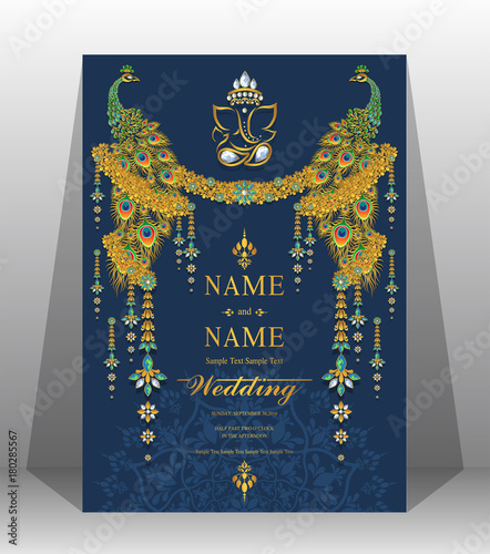  Wedding Invitation card templates with gold patterned and crystals on background color. 