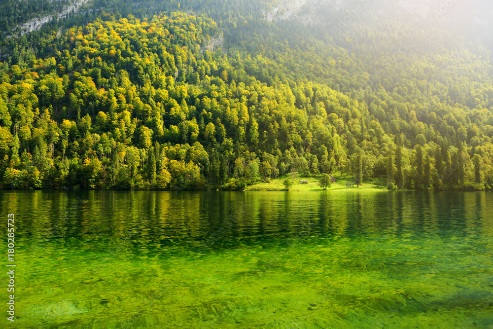 Stunning deep green waters of Konigssee, known as Germany's deepest and cleanest lake, located in the extreme southeast Berchtesgadener Land district of Bavaria