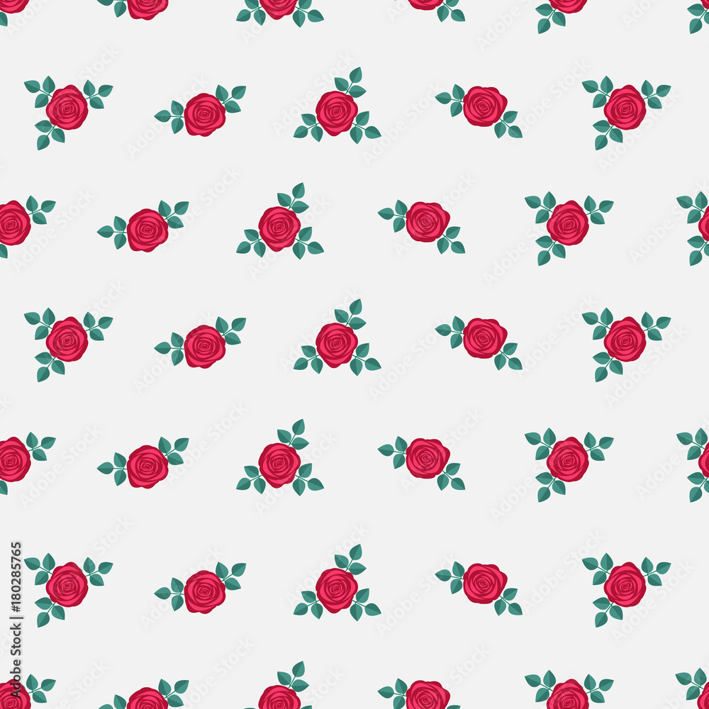 Seamless elegant floral pattern with small red roses on white background. Ditsy print. Perfect for scrapbooking, textile, wrapping paper etc. Vector illustration.