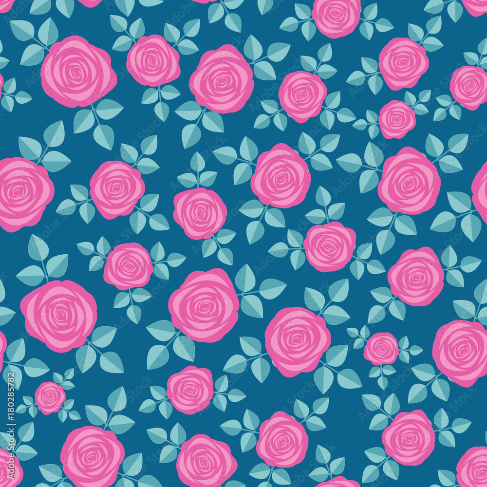 Seamless elegant floral pattern with pink roses on blue background. Ditsy print. Perfect for scrapbooking, textile, wrapping paper etc. Vector illustration.