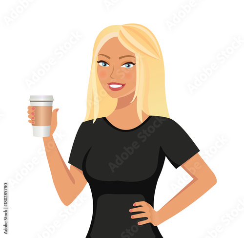 Pretty cute blond smiling girl holding a paper coffee cup template isolated on white background. Vector illustration