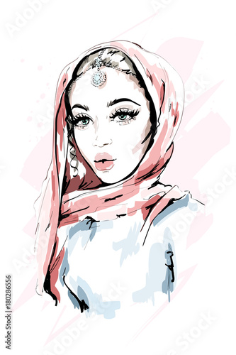 Beautiful Muslim Woman Wearing Hijab. Fashion woman portrait. Stylish lady. Sketch. Vector illustration.