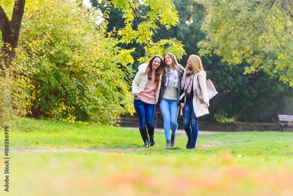 Fototapeta premium Three female friends walking in park