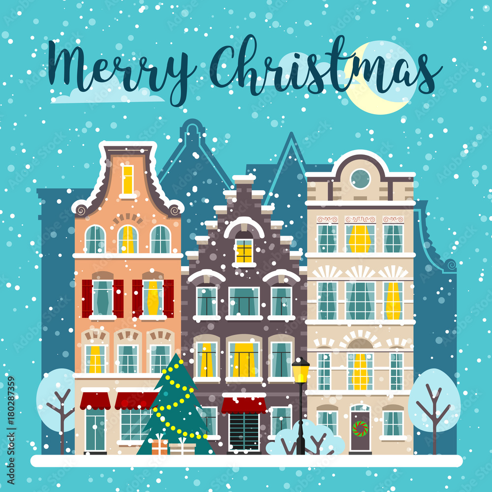Winter Christmas decorated street landscape. Snowy city urban composition. Merry Christmas card and banner. Vector flat cartoon illustration.