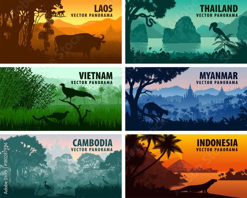 Vector panorama of Laos, Vietnam, Cambodia, Thailand, Myanmar, Indonesia