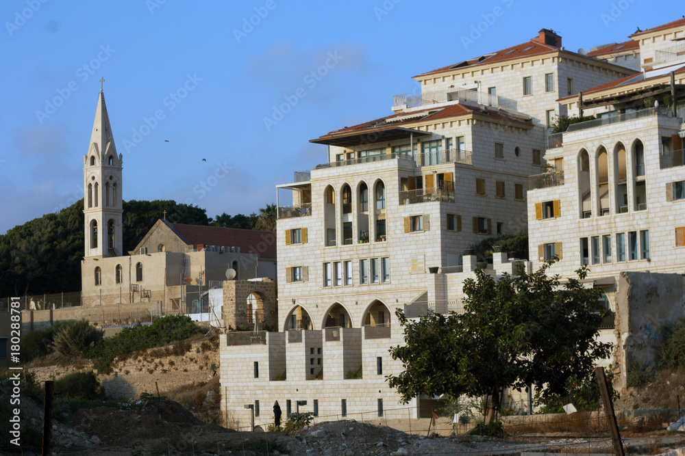 Church of St. George in Old Jaffa and new residential buildings area