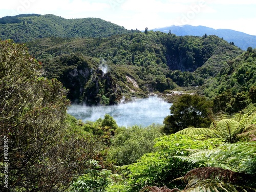 geotermal area park with colored lake in Rotorua, New Zealand