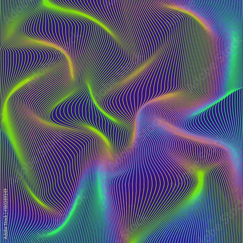 Vector warped lines colorful background. Modern abstract creative backdrop with multicolor variable width stripes. Twisted stripes optical illusion. Moire waves.
