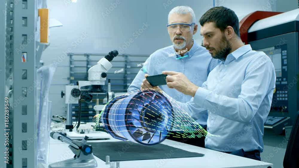 Two Engineers Works with Mobile Phone Using Augmented Reality Holographic Projection 3D Model of the Engine Turbine Prototype. Development of Virtual Mixed Reality Application.
