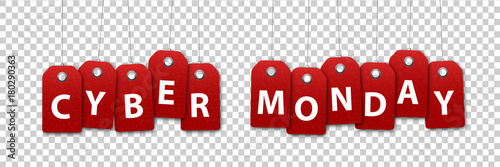 Vector realistic isolated red price tag coupons for Cyber Monday sale for decoration and covering on the transparent background.