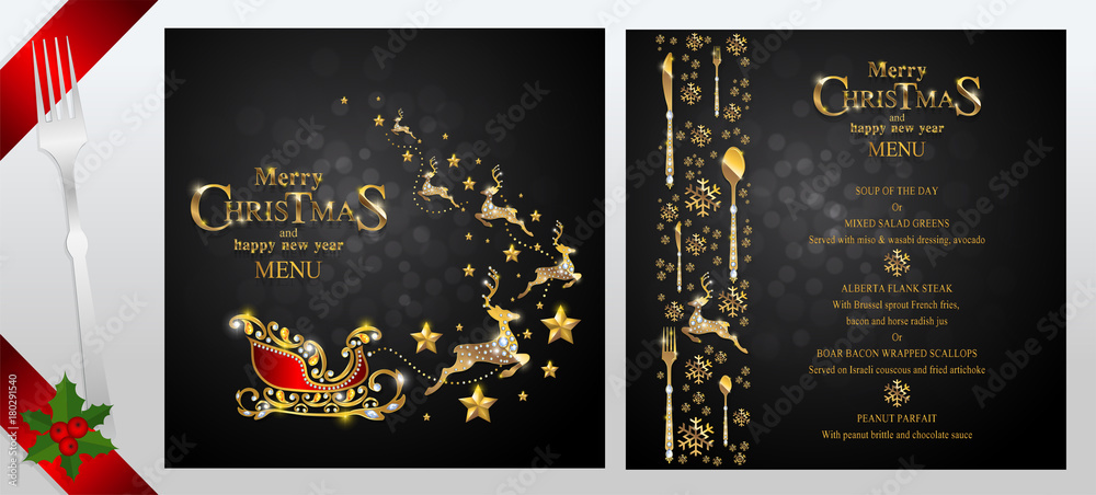 Christmas Greeting and New Years dinner menu card templates with gold patterned and crystals on background color. - obrazy, fototapety, plakaty 