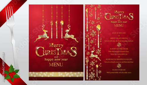 Christmas Greeting and New Years dinner menu card templates with gold patterned and crystals on background color.