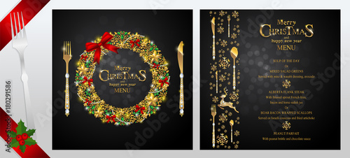 Christmas Greeting and New Years dinner menu card templates with gold patterned and crystals on background color.