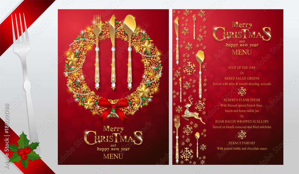Christmas Greeting and New Years dinner menu card templates with gold patterned and crystals on background color. Christmas Greeting and New Years dinner menu card templates with gold patterned and crystals on background color.