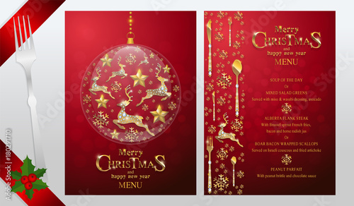 Christmas Greeting and New Years dinner menu card templates with gold patterned and crystals on background color.