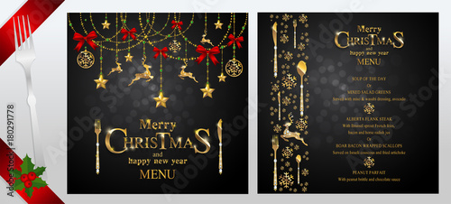 Christmas Greeting and New Years dinner menu card templates with gold patterned and crystals on background color.