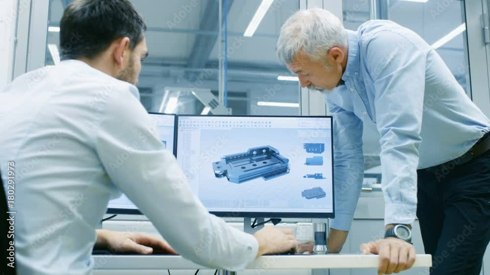 Industrial Designer Has Conversation with Senior Engineer While Working in CAD Program, Designing New Component. He Works on Personal Computer with Two Monitors. 