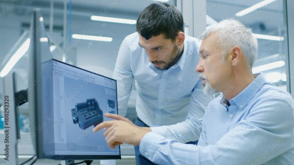 Industrial Designer Has Discussion with Senior Engineer While Working in CAD Program, Designing New Component. He Works on Personal Computer with Two Monitors. Industrial Designer Has Discussion with Senior Engineer While Working in CAD Program, Designing New Component. He Works on Personal Computer with Two Monitors.
