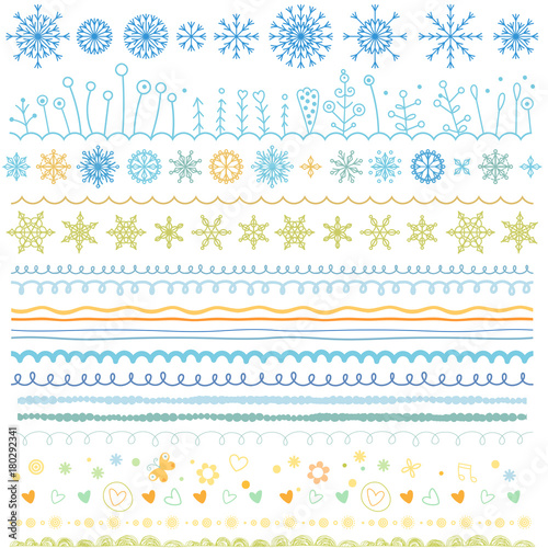 Seamless vector borders set. Christmas doodle patterns, symbols, snowflakes, hearts, flowers, waves, abstract hand drawn brush lines collections. New Year flat winter drawings, icons, design elements