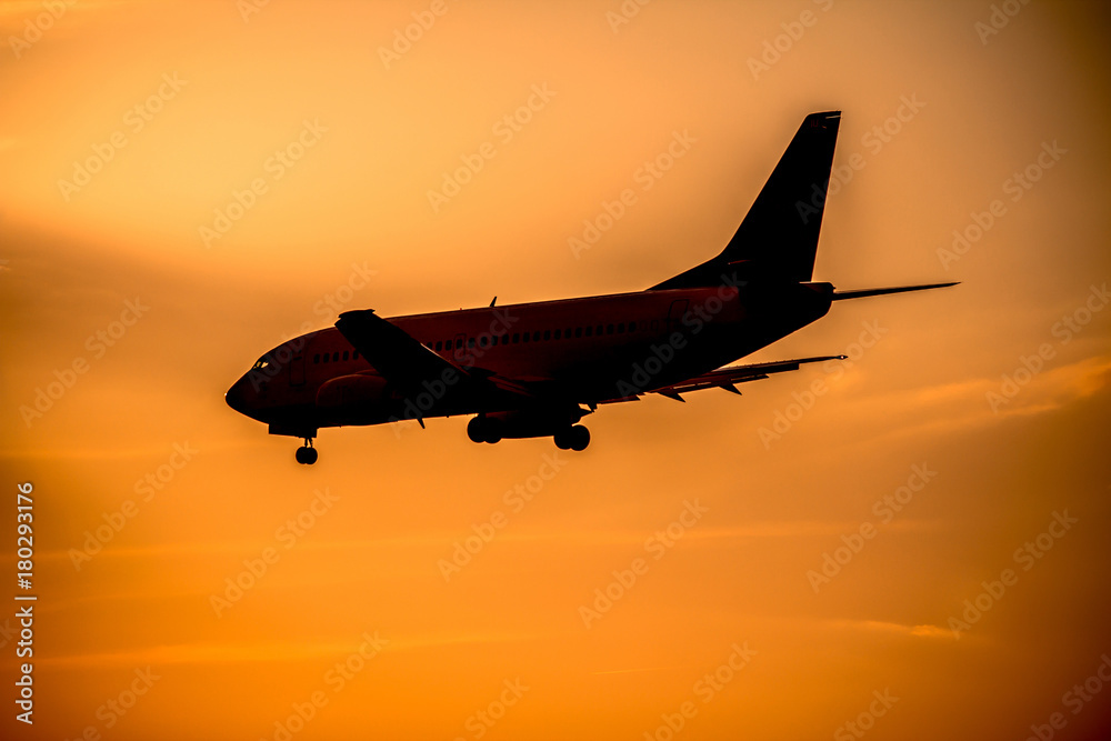 Fototapeta premium Airplane landing at sunset