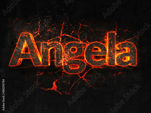 Angela Fire text flame burning hot lava explosion background. photo