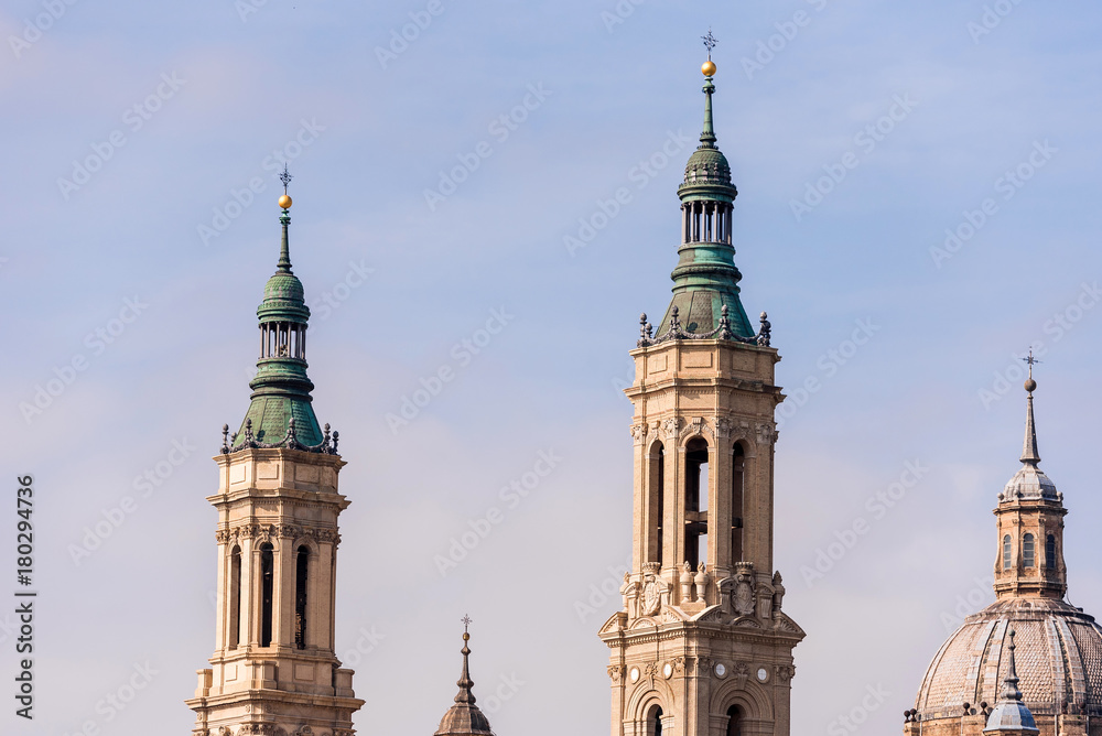 Fototapeta premium The Cathedral-Basilica of Our Lady of Pillar - a roman catholic church, Zaragoza, Spain. Copy space for text.