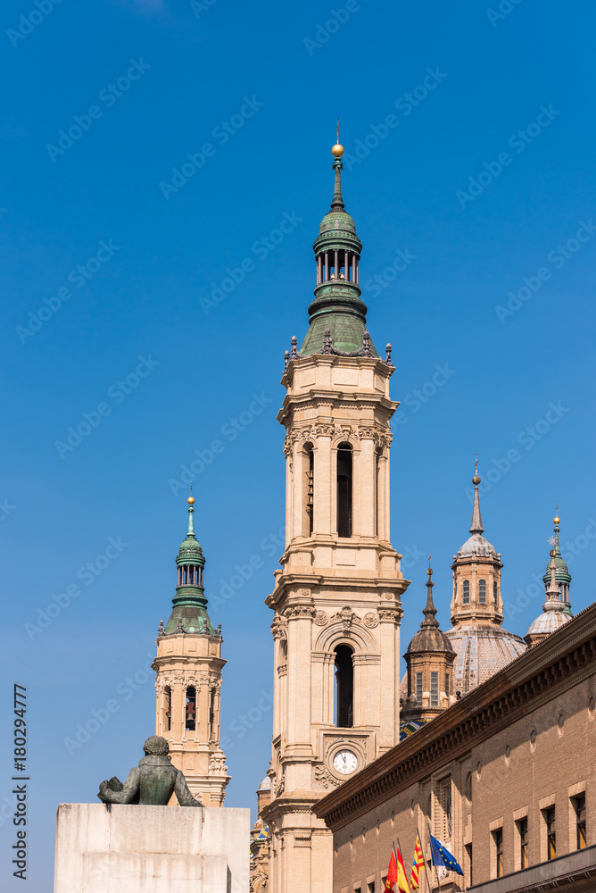 The Cathedral-Basilica of Our Lady of Pillar - a roman catholic church, Zaragoza, Spain. Copy space for text. Vertical.