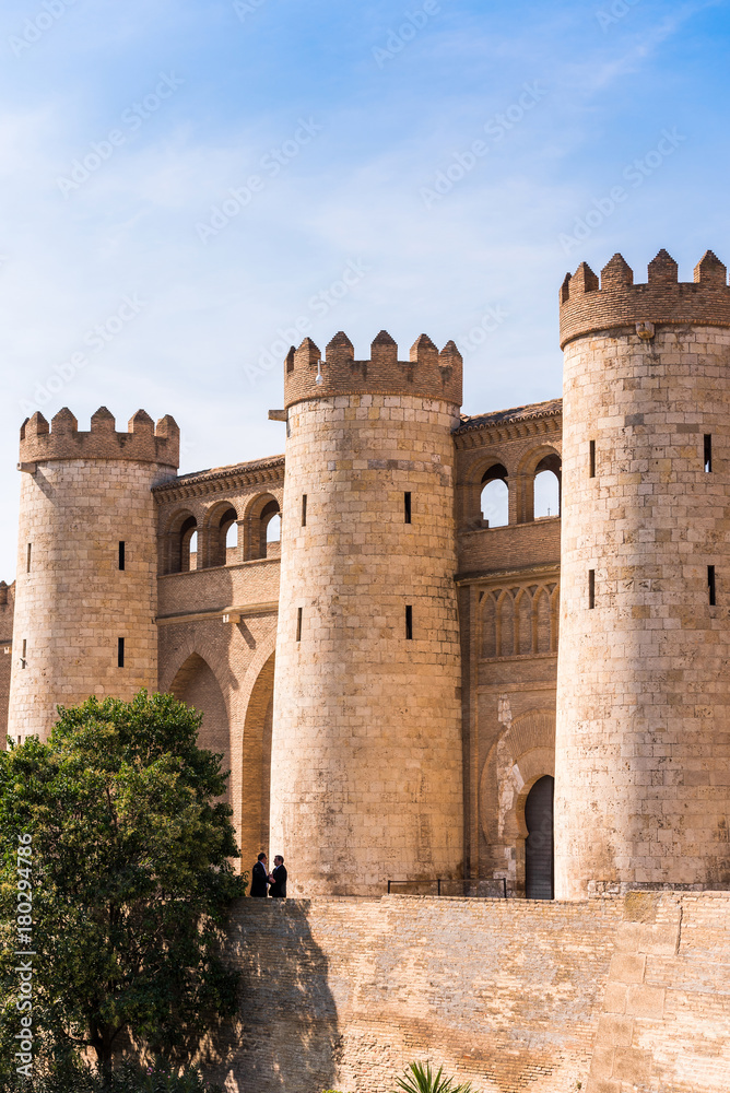 View of the palace Aljaferia, built in the 11th century in Zaragoza, Spain. Vertical. Copy space for text.