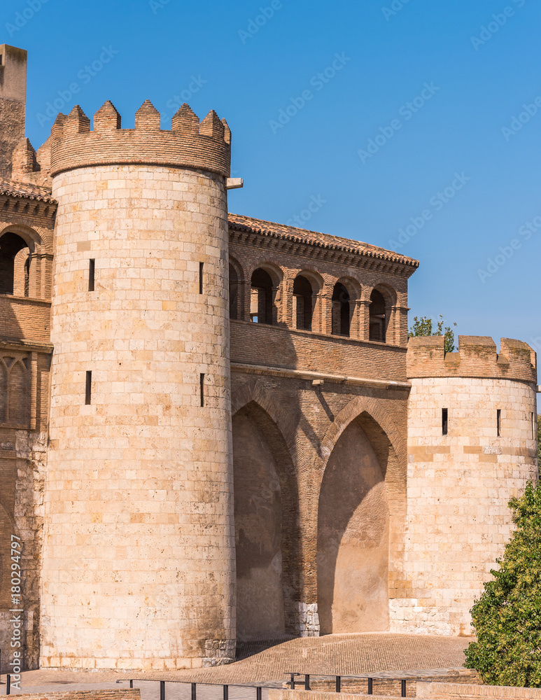 View of the palace Aljaferia, built in the 11th century in Zaragoza, Spain. Vertical. Copy space for text.