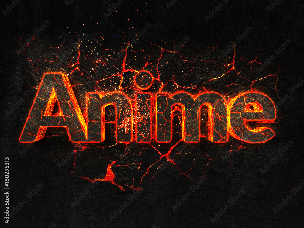 Anime Fire text flame burning hot lava explosion background. Stock