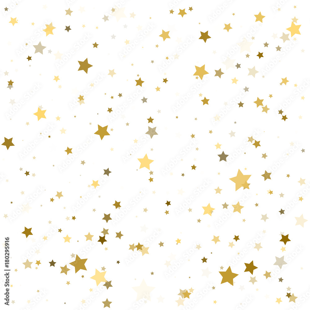 Abstract pattern of random falling gold stars on white background. Glitter pattern for banner, greeting card, Christmas and New Year card, invitation, postcard, paper packaging. Vector illustration. Abstract pattern of random falling gold stars on white background. Glitter pattern for banner, greeting card, Christmas and New Year card, invitation, postcard, paper packaging. Vector illustration.