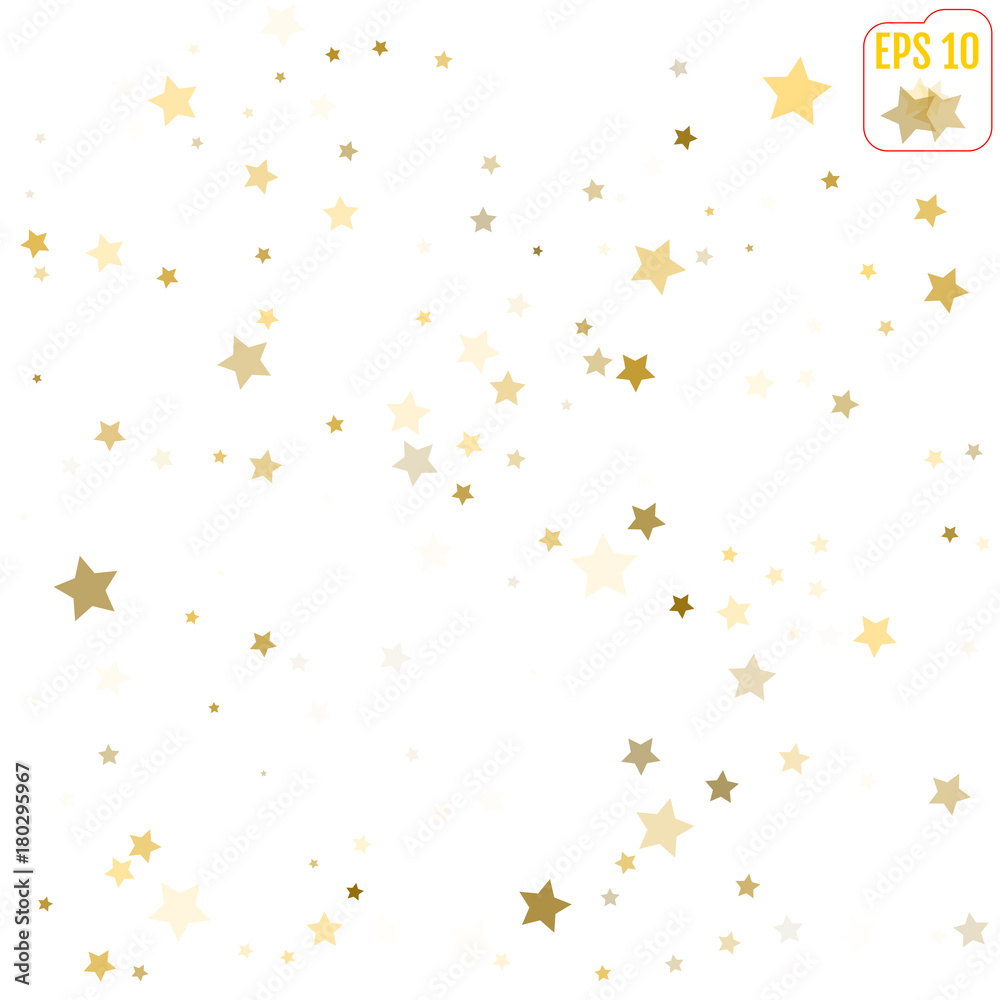 Abstract pattern of random gold stars on white background. Golden Confetti