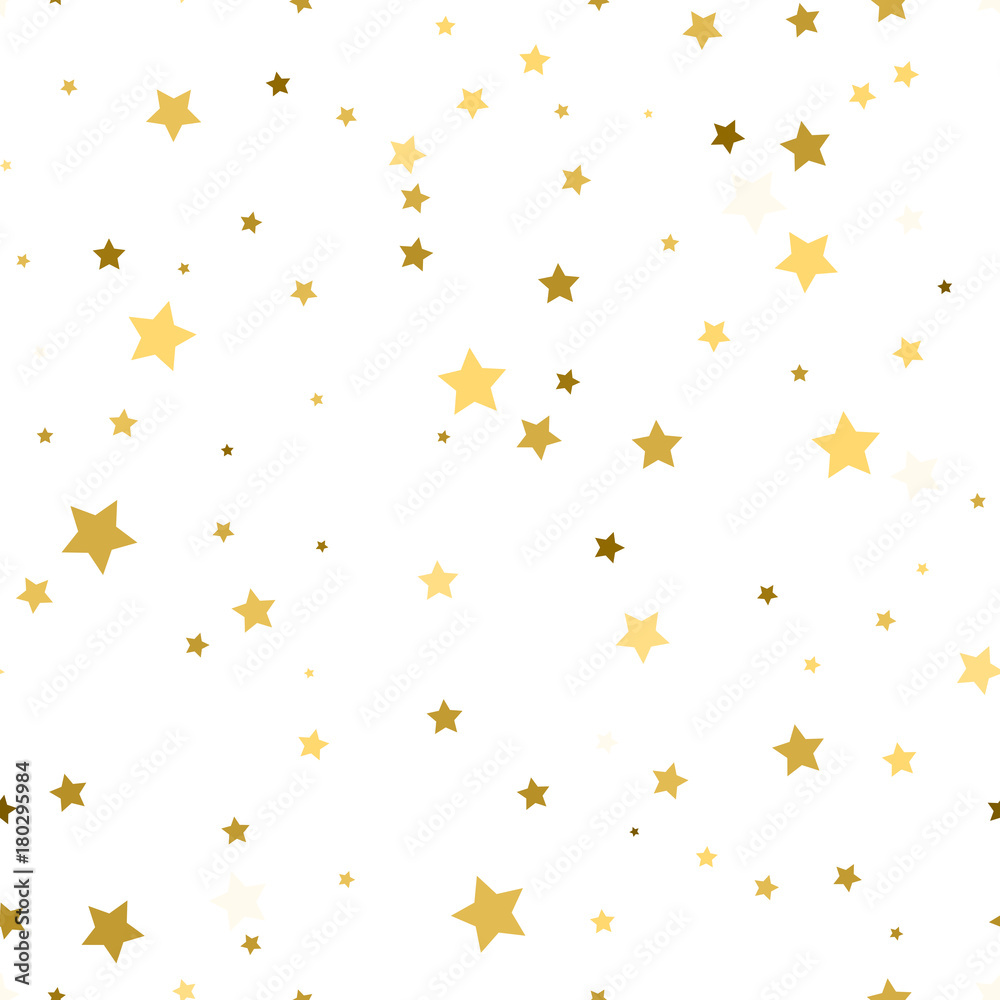 Golden scattered chaotically confetti-stars on white. Luxury festive background. Element of design. It is suitable for business cards, banners, posters. Vector illustration