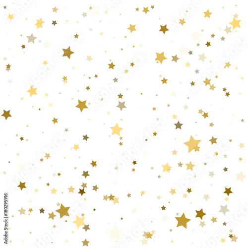 Abstract pattern of random falling gold stars on white background. Glitter pattern for banner, greeting card, Christmas and New Year card, invitation, postcard, paper packaging. Vector illustration.