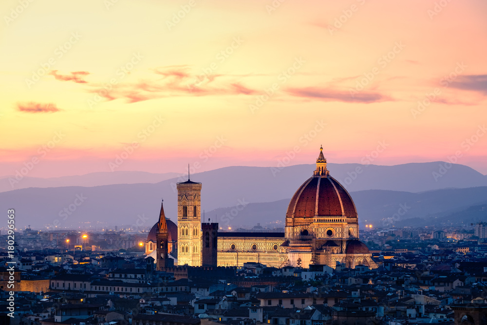 Sunset in Florence with a view of the Cathedral and the tuscan hills