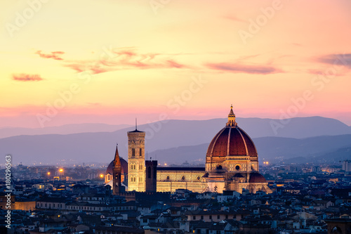 Sunset in Florence with a view of the Cathedral and the tuscan hills