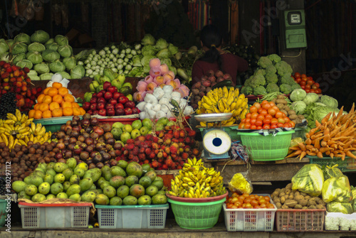 Colorful Balinese Market with Fruits and Vegetables. A roadside market in the village of Ubud, Bali.