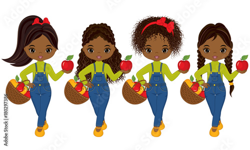 Vector Cute Little African American Girls with Baskets of Apples